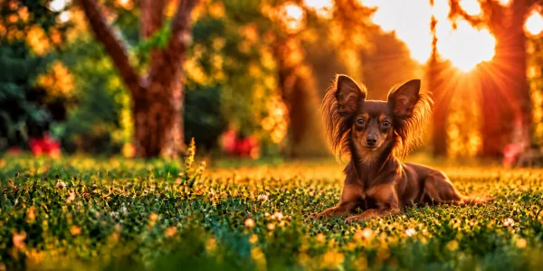 A brown Russian Toy with large fringed ears lying in park grass at sunset