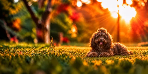 A brown Russian Tsvetnaya Bolonka with a curly coat lying in park grass at sunset
