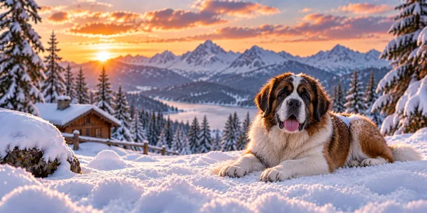 A red and white Saint Bernard lying in snow beside an alpine chalet at sunset