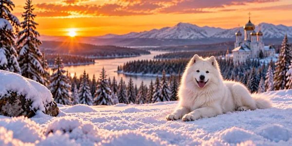 A white Samoyed lying in snow above a forested river valley at sunset