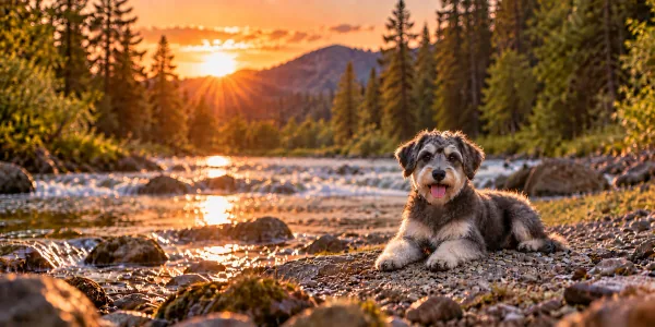 A gray Schnoodle with a rough coat lying beside a mountain stream at sunset