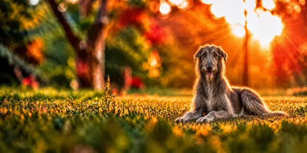 A gray Scottish Deerhound with a rough coat lying in park grass at sunset