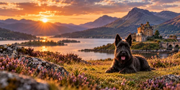 A black Scottish Terrier lying in heather above a Scottish loch and castle at sunset