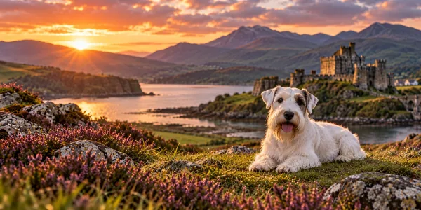 A white Sealyham Terrier lying in heather above a Scottish loch and castle at sunset