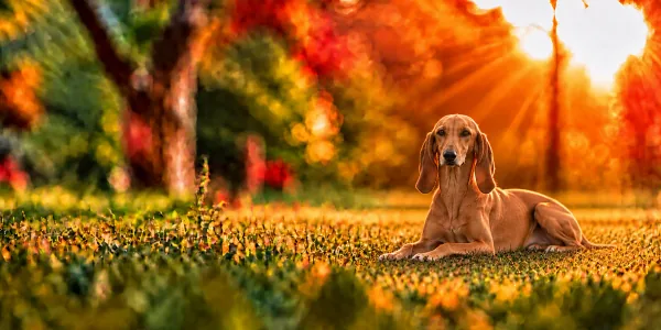 A fawn Segugio Italiano lying in park grass, backlit by a low sun