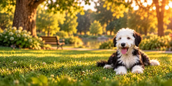 A black and white Sheepadoodle lying on a park lawn beside a bench at sunset