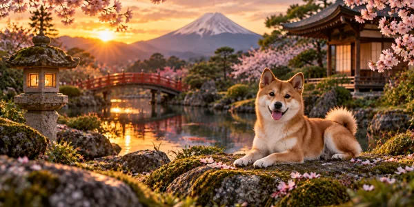 A red Shiba Inu with a curled tail lying on a stone path below Mount Fuji at sunset