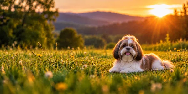 A gold and white Shih Tzu with a long coat lying in a meadow above wooded hills at sunset