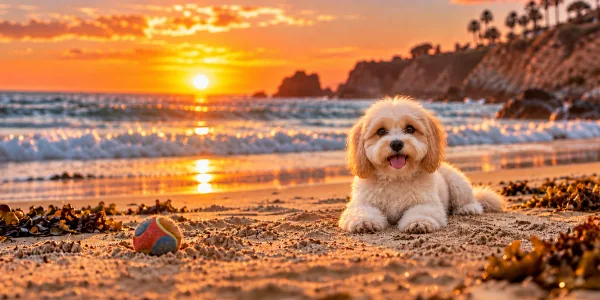 A cream Shihpoo with a curly coat lying on a beach at sunset