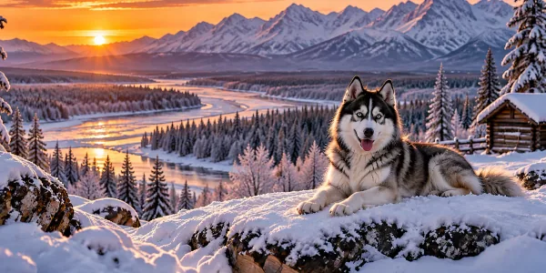 A black and white Siberian Husky lying in snow above a forested river valley at sunset