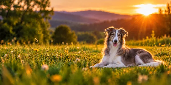 A gray and white Silken Windhound lying in a wildflower meadow at sunset