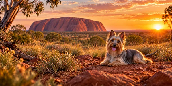 A blue and tan Silky Terrier lying on red earth in the Australian outback at sunset