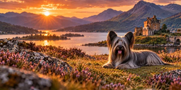 A gray Skye Terrier with a long coat lying in heather above a Scottish loch and castle