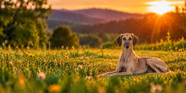 A sand Sloughi lying in a meadow above wooded hills at sunset
