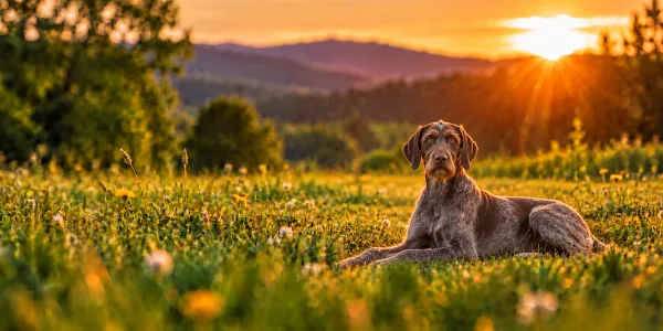 A gray Slovakian Wirehaired Pointer with a bearded face lying in a meadow at sunset