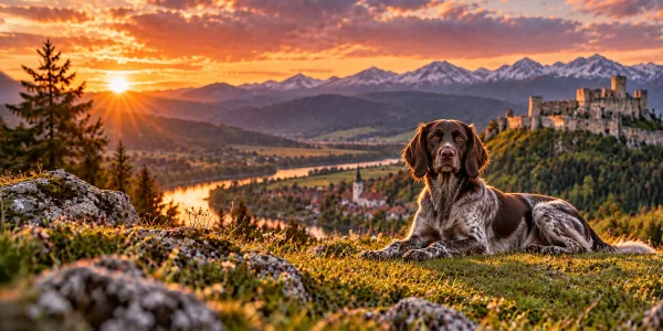 A brown and white Small Munsterlander lying on a hillside above a castle and valley at sunset