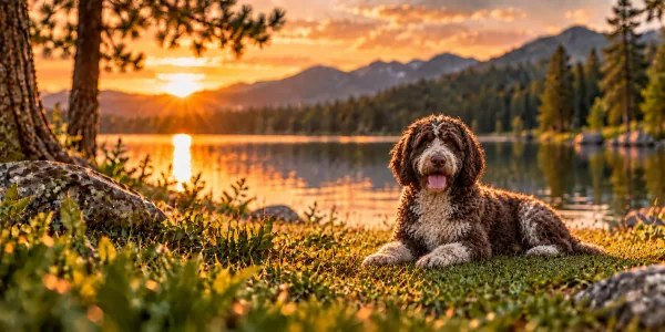 A brown and white Spanish Water Dog with a corded coat lying beside a mountain lake at sunset