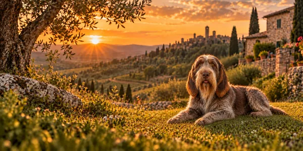 An orange roan Spinone Italiano with a bearded face lying above Tuscan hills at sunset