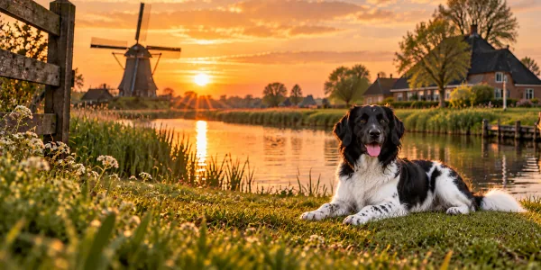 A black and white Stabyhoun lying on a canal bank beside a Dutch windmill at sunset
