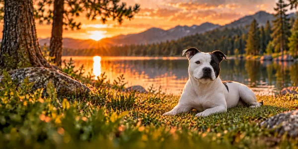 A white and black Staffordshire Bull Terrier lying beside a mountain lake at sunset