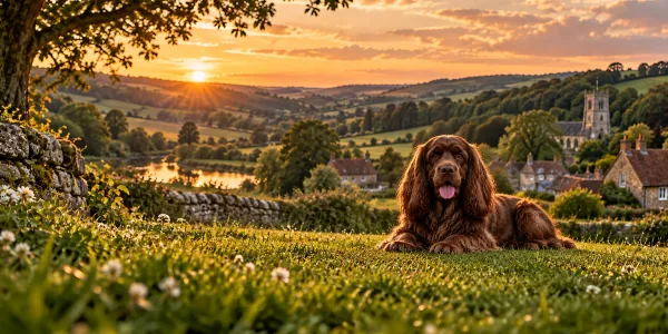 A golden liver Sussex Spaniel lying on a bank above an English village at sunset