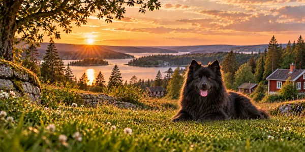 A black Swedish Lapphund lying on a hillside above a Swedish lake at sunset