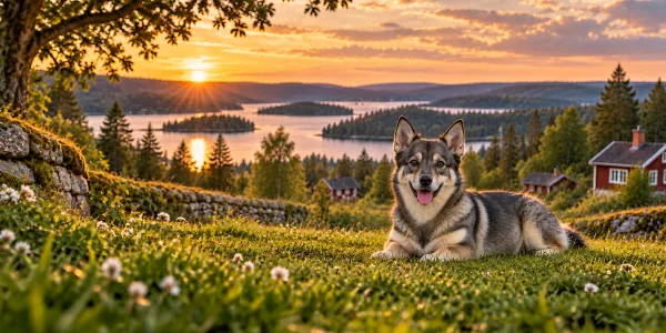 A gray Swedish Vallhund lying on a hillside above a Swedish lake at sunset