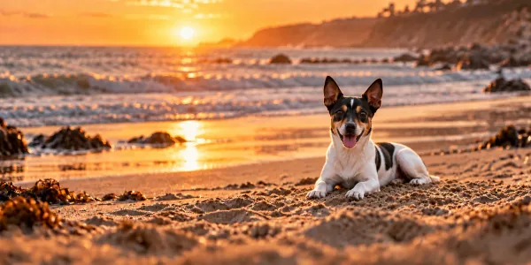 A white and black Teddy Roosevelt Terrier lying on a beach at sunset