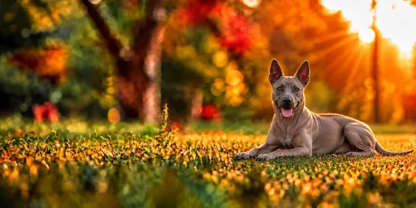 A blue Thai Ridgeback lying in park grass, backlit by a low sun