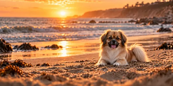 A gold Tibetan Spaniel lying on a beach at sunset