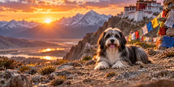 A gray and white Tibetan Terrier lying on a Himalayan ridge with prayer flags at sunset