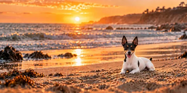 A white and black Toy Fox Terrier lying on a beach at sunset