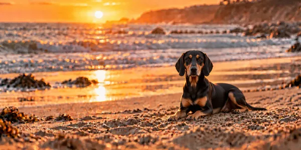 A black and tan Transylvanian Hound lying on a beach at sunset