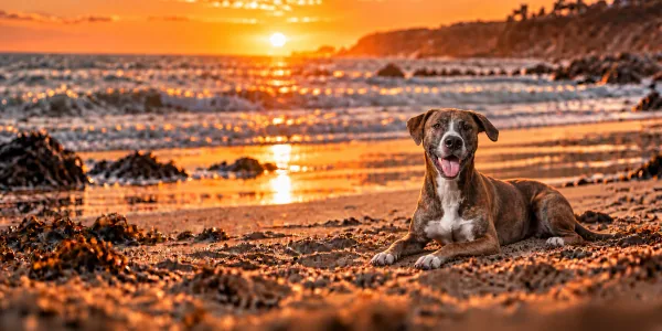 A brindle Treeing Tennessee Brindle lying on a beach at sunset