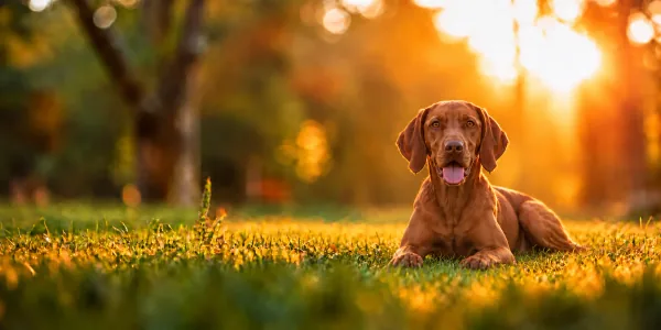 A golden rust Vizsla lying in park grass, backlit by a low sun