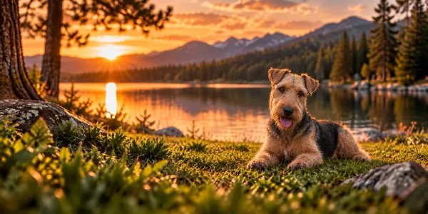 A black and tan Welsh Terrier lying beside a mountain lake at sunset