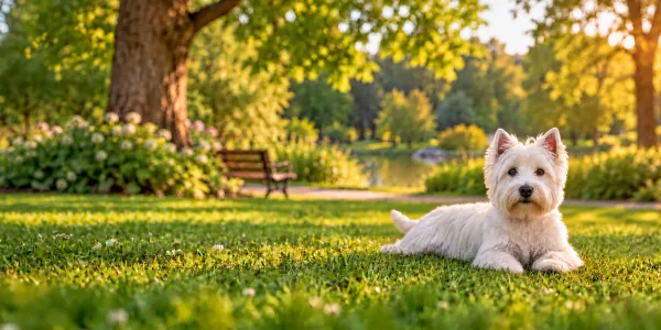 A white West Highland White Terrier lying on a park lawn beside a pond