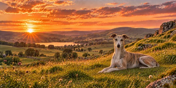 A brindle Whippet lying on a grassy hillside above rolling country at sunset