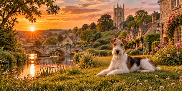 A white Wire Fox Terrier with black and tan markings lying above an English village stream