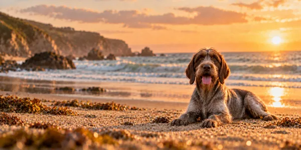 A steel gray Wirehaired Pointing Griffon with a bearded face lying on a beach at sunset