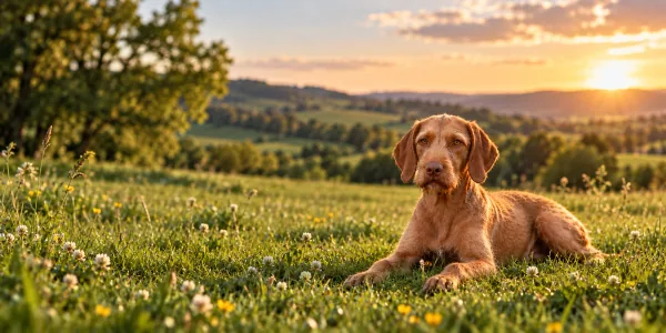 A golden rust Wirehaired Vizsla with a bearded face lying in a meadow above green hills at sunset