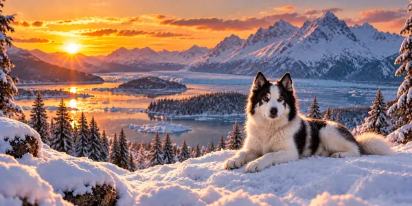 A black and white Yakutian Laika lying in snow above a glacial fjord at sunset