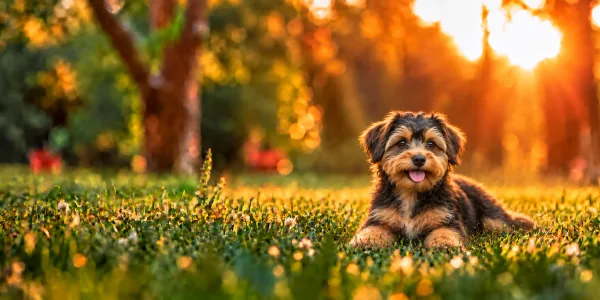 A black and tan Yorkiepoo with a shaggy coat lying in park grass at sunset