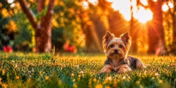A blue and tan Yorkshire Terrier lying in park grass, backlit by a low sun